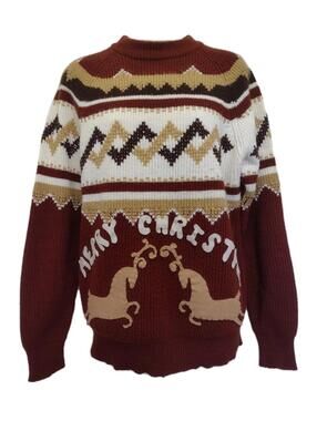 VTG 70s Studio One Campus Christmas Sweater L Brown Tan Reindeer Felt Applique